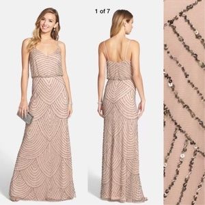 New Adrianna Papell beaded blouson gown taupe pink